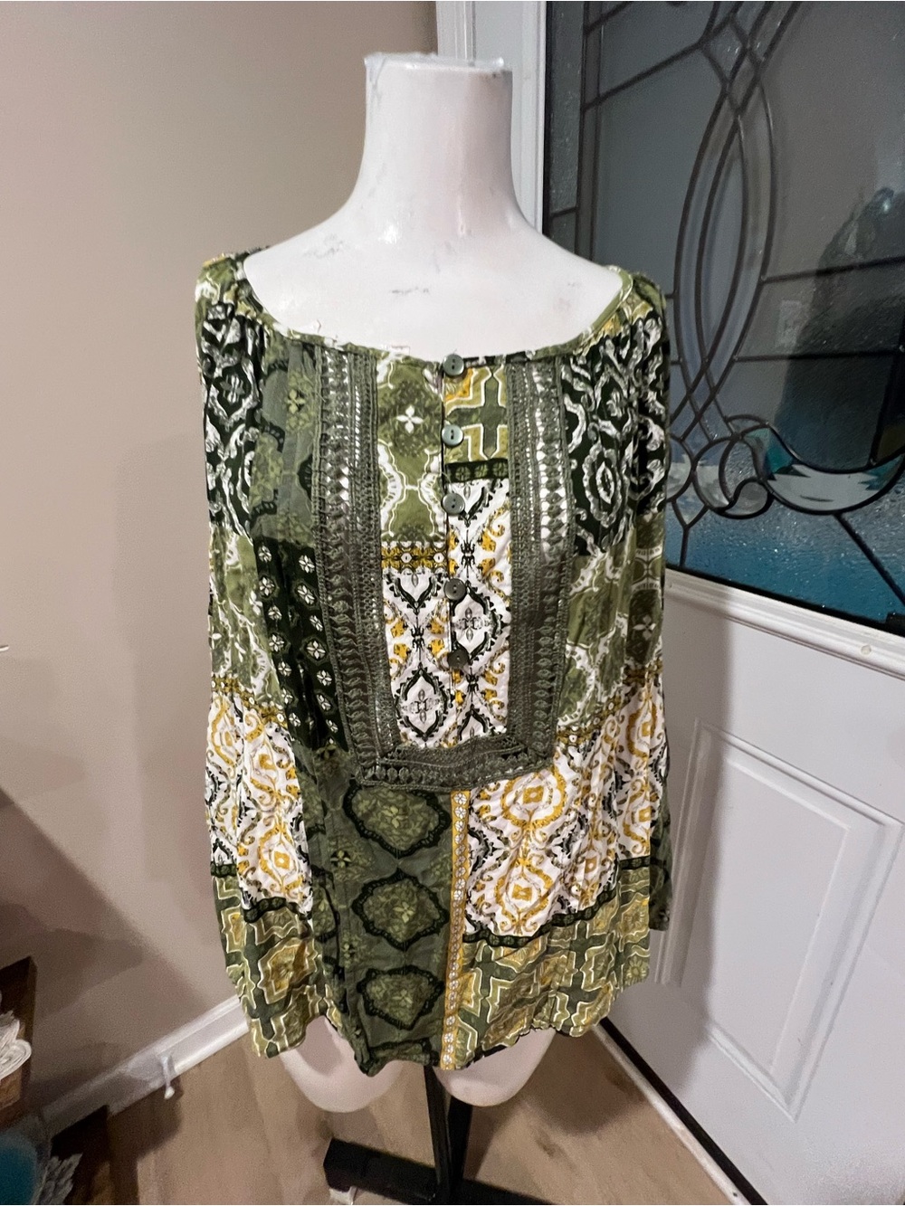 Cato Olive Green Patchwork Boho Tunic with Yellow Accents